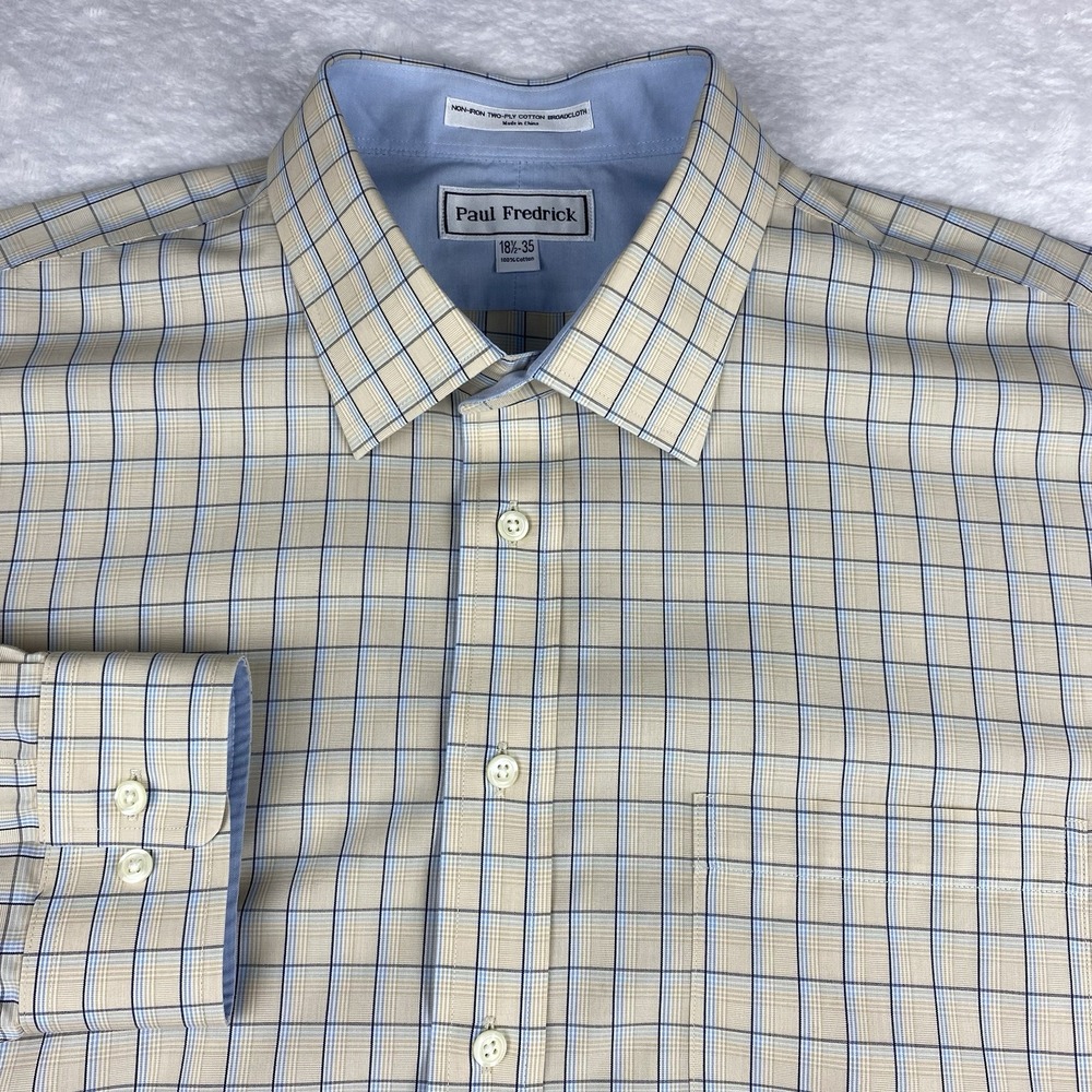 Paul Fredrick Dress Shirt Mens 18.5-35 Blue/Tan Checks Regular Fit No Iron